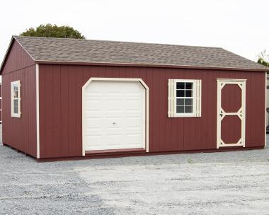 14x24 Custom Peak Shed with Overhead Door, Single Door, and Red LP Smart Side Siding